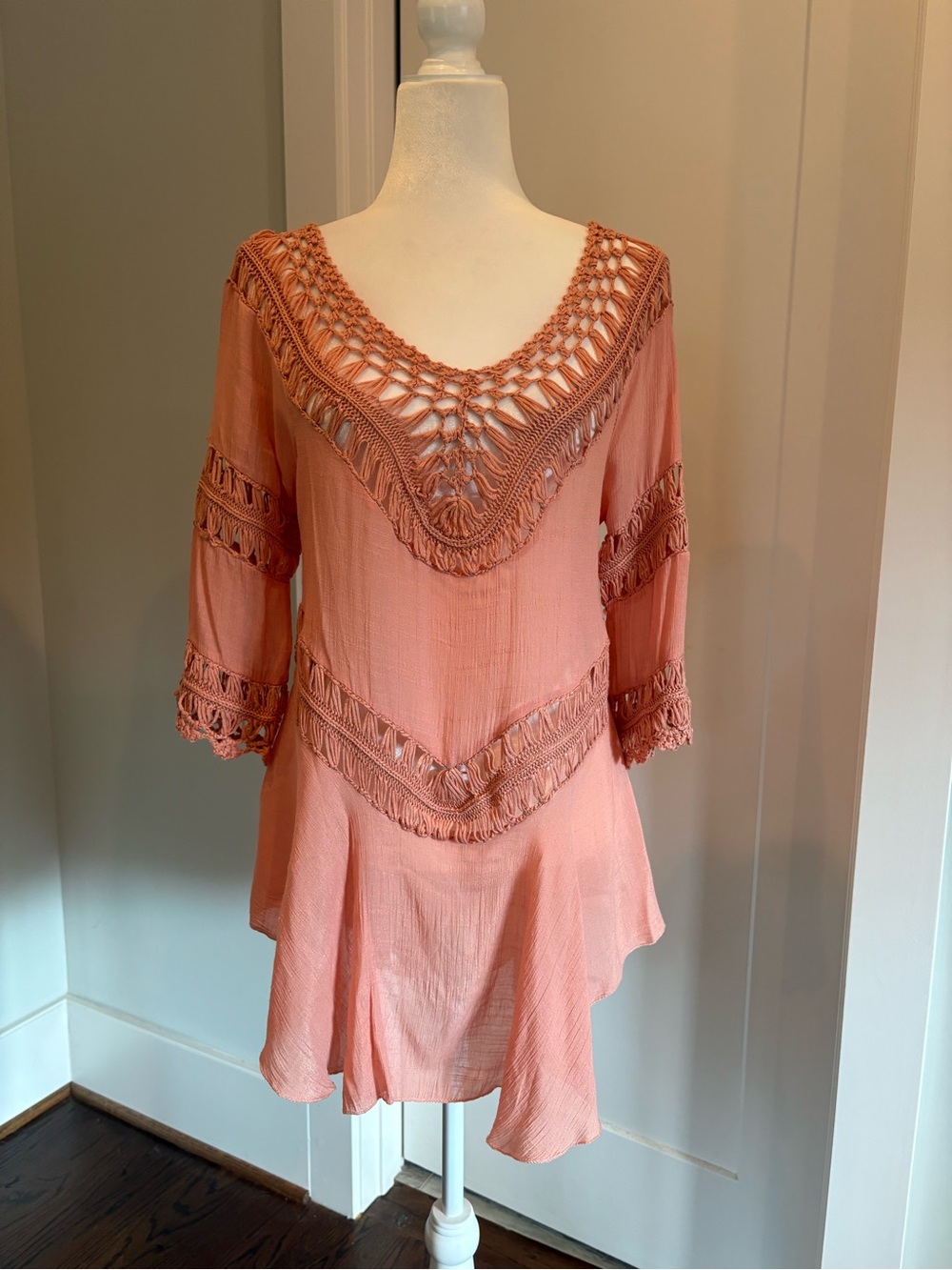 Boho Crochet-Trim Peach Tunic Top